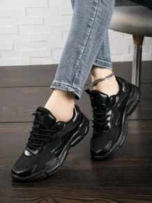 Lace-up Front Chunky Sneakers - Black - View 5
