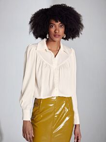 SHEIN Privé Puff Sleeve Button Front Shirt - Beige - View 1