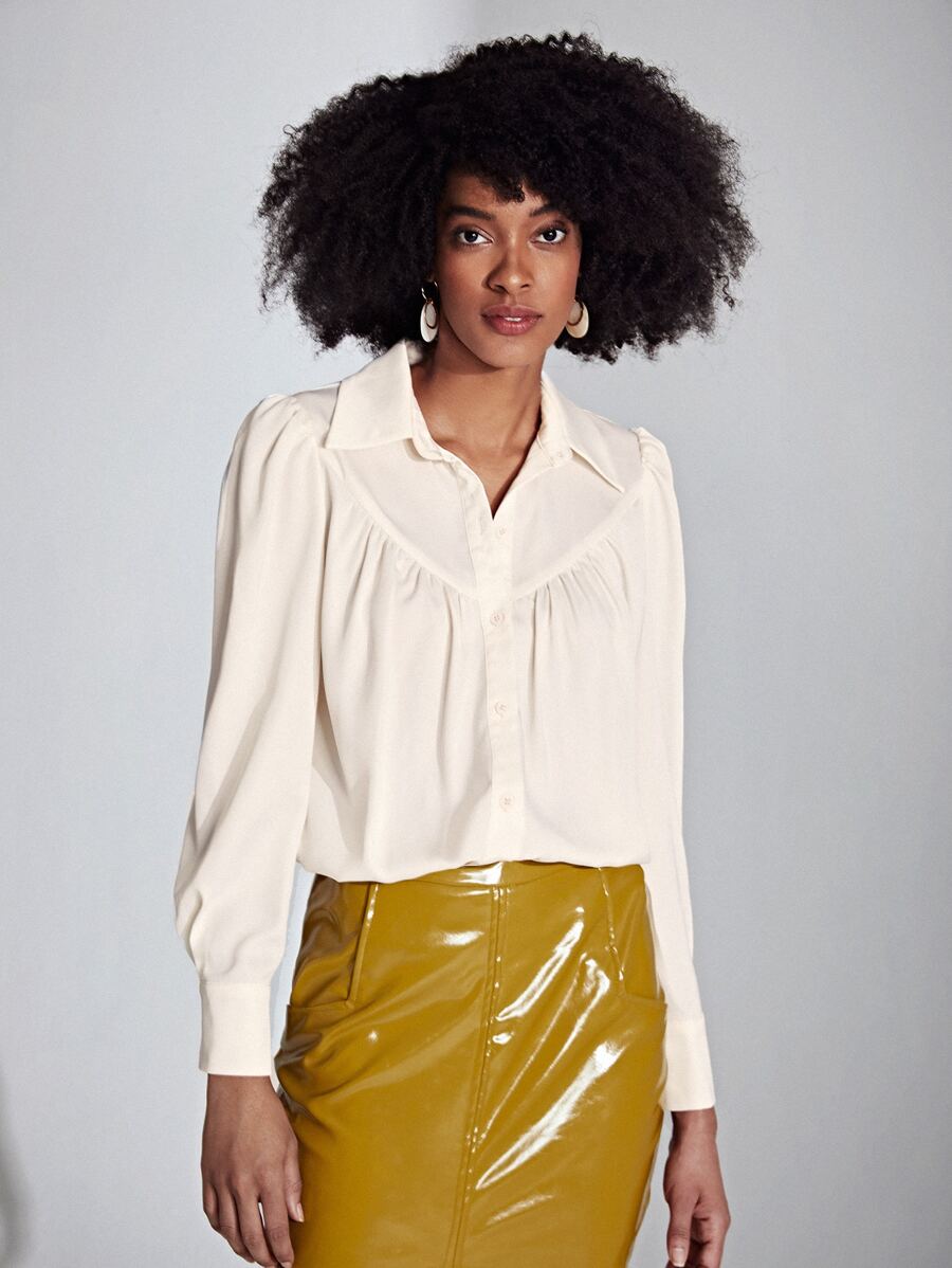 SHEIN Privé Puff Sleeve Button Front Shirt - Beige - View 1