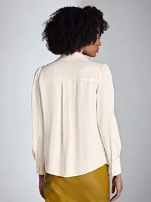 SHEIN Privé Puff Sleeve Button Front Shirt - Beige - View 2