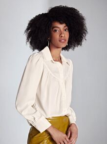 SHEIN Privé Puff Sleeve Button Front Shirt - Beige - View 3