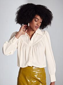 SHEIN Privé Puff Sleeve Button Front Shirt - Beige - View 4
