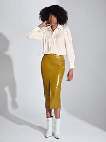 SHEIN Privé Puff Sleeve Button Front Shirt - Beige - View 5