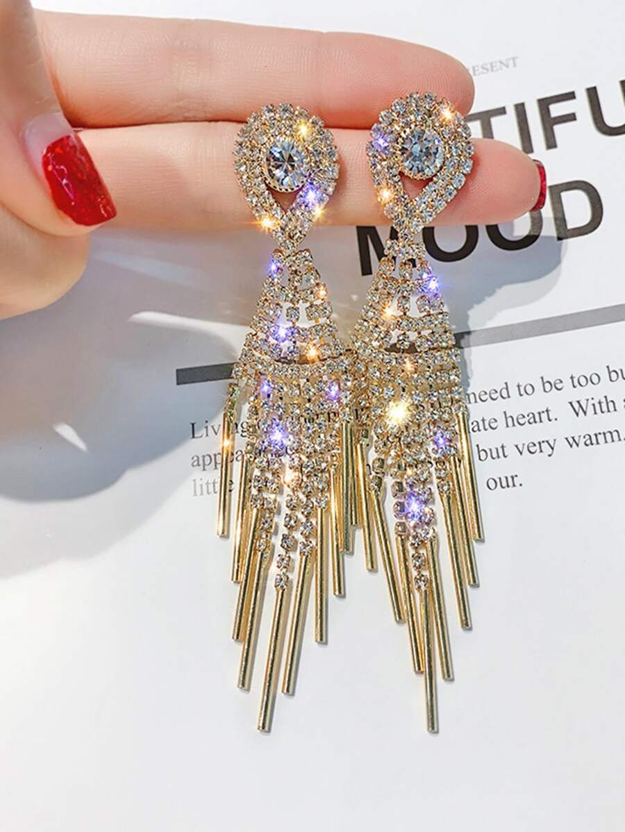 水鑽流蘇耳墜 - 金黃色 - 查看 1