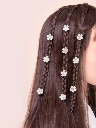 10pcs Girls' Holiday Rhinestone Flower Hair Bands, White Flower Hair Clips Suitable For Daily Life, Parties, Wedding Flower Girls Or Vacations