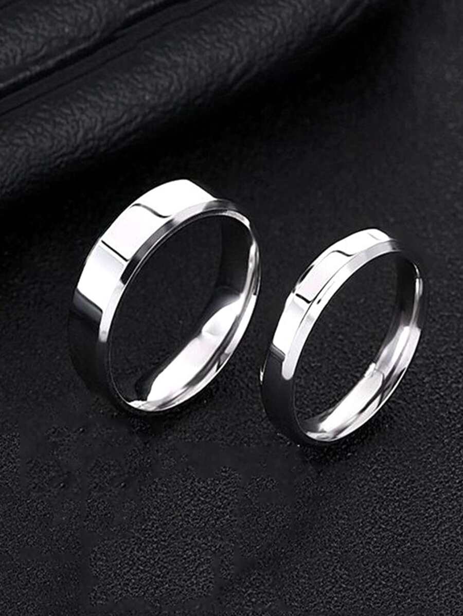 2入組時尚不銹鋼純平角伸斜邊情侶戒指 - 銀色 - 查看 1