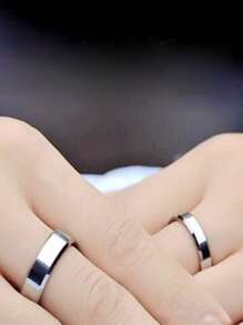 2入組時尚不銹鋼純平角伸斜邊情侶戒指 - 銀色 - 查看 2