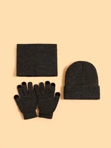 兒童素色翻邊豆豆帽和圍脖和手套 - 深灰色 - 查看 2