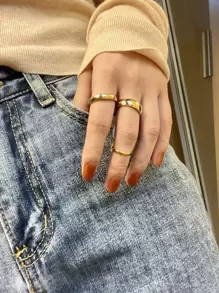 3入組極簡風格素色戒指 - 金黃色 - 查看 4