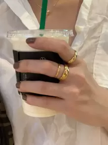 3入組極簡風格素色戒指 - 金黃色 - 查看 5