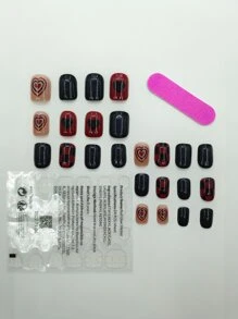 24 件长方形黑红格子心形图案假指甲、1 件指甲锉和 1 片胶带，立即提升您的外观，指甲用品 - 彩色 - 查看 2