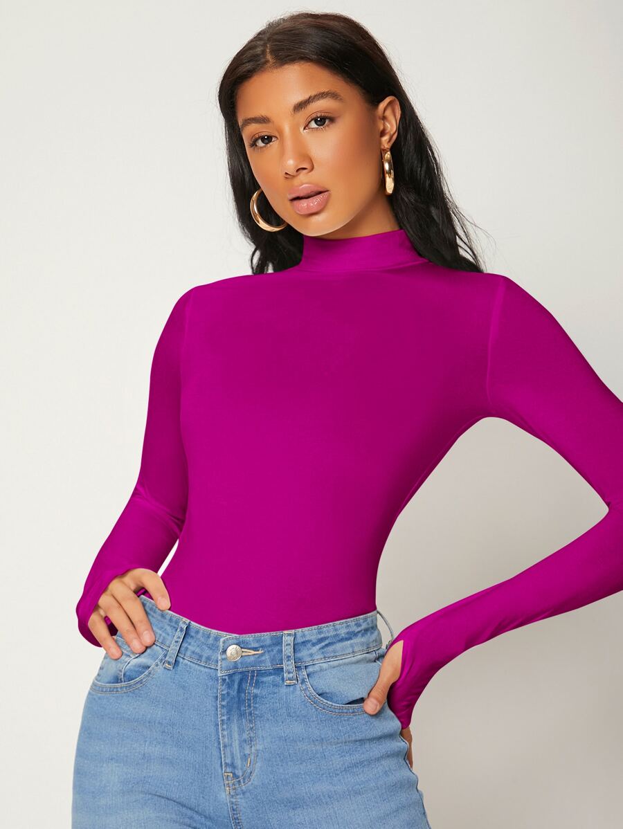 SHEIN BASICS Mock Neck Solid Slim Tee - Red Violet - View 1