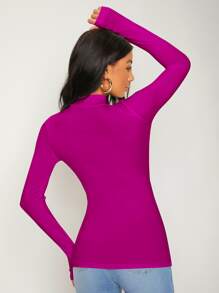 SHEIN BASICS Mock Neck Solid Slim Tee - Red Violet - View 2