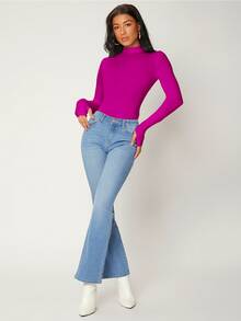 SHEIN BASICS Mock Neck Solid Slim Tee - Red Violet - View 3
