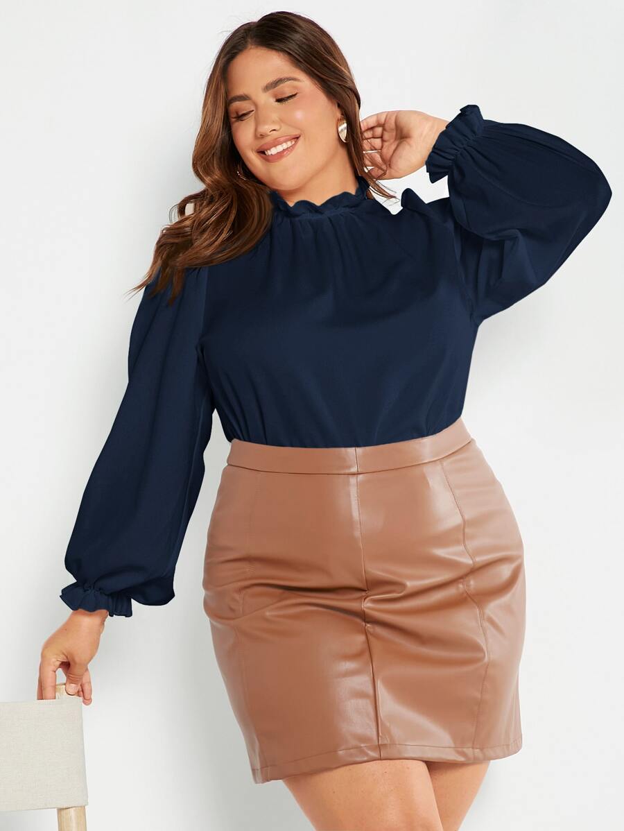 SHEIN Privé Plus Frill Trim Lantern Sleeve Top - Navy Blue - View 1