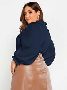 SHEIN Privé Plus Frill Trim Lantern Sleeve Top - Navy Blue - View 3