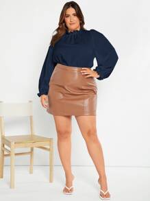 SHEIN Privé Plus Frill Trim Lantern Sleeve Top - Navy Blue - View 5