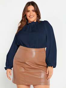 SHEIN Privé Plus Frill Trim Lantern Sleeve Top - Navy Blue - View 6