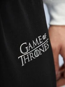 Game of Thrones X SHEIN Men Letter Graphic Flap Pocket Drawstring Waist Joggers - Black - View 5
