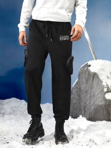 Game of Thrones X SHEIN Men Letter Graphic Flap Pocket Drawstring Waist Joggers - Black - View 6