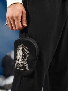Game of Thrones X SHEIN Men Letter Graphic Flap Pocket Drawstring Waist Joggers - Black - View 7