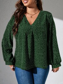 SHEIN Clasi 大碼波點圖案燈籠袖襯衫 - 墨綠色 - 查看 4