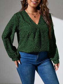 SHEIN Clasi 大碼波點圖案燈籠袖襯衫 - 墨綠色 - 查看 5