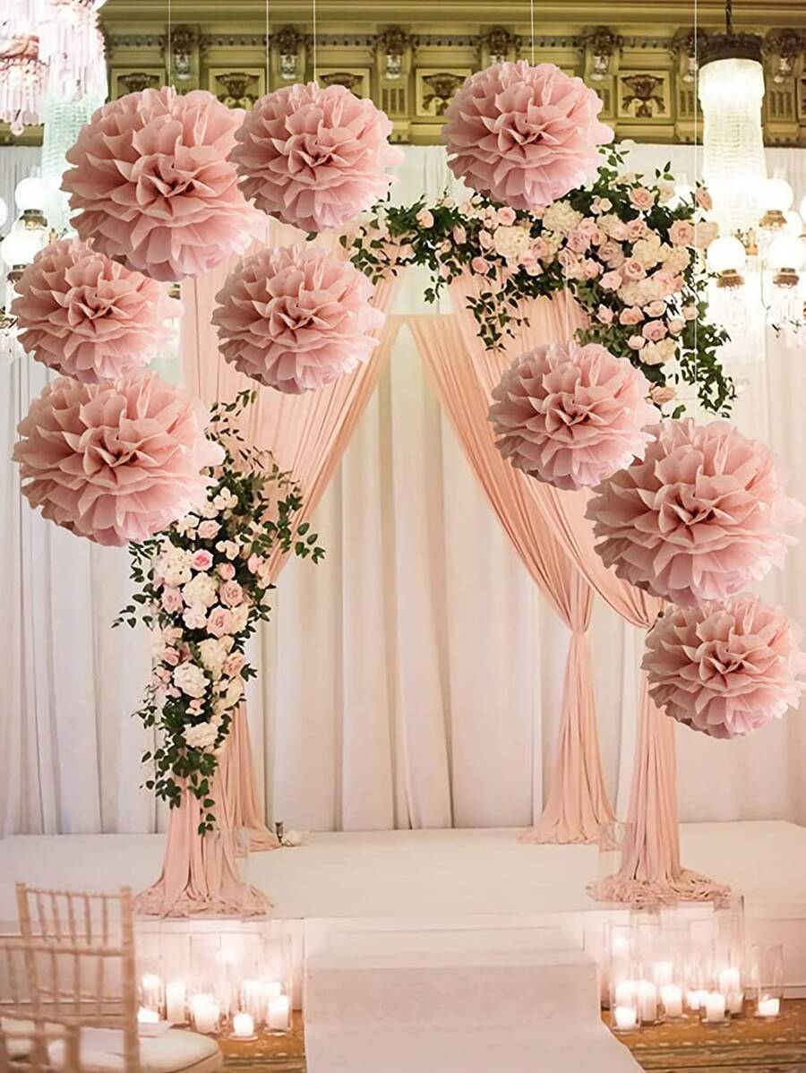 9pcs Tissue Paper Flower Ball,Baby Shower Birthday Party Decoration Paper Pom Pom,Handmade Hanging Paper Pom Pom Wedding Decoration - Baby Pink - View 1