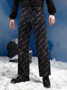 Game of Thrones X SHEIN Men Letter Graphic Straight Leg Jeans - Black - View 6