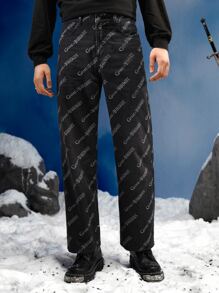 Game of Thrones X SHEIN Men Letter Graphic Straight Leg Jeans - Black - View 1