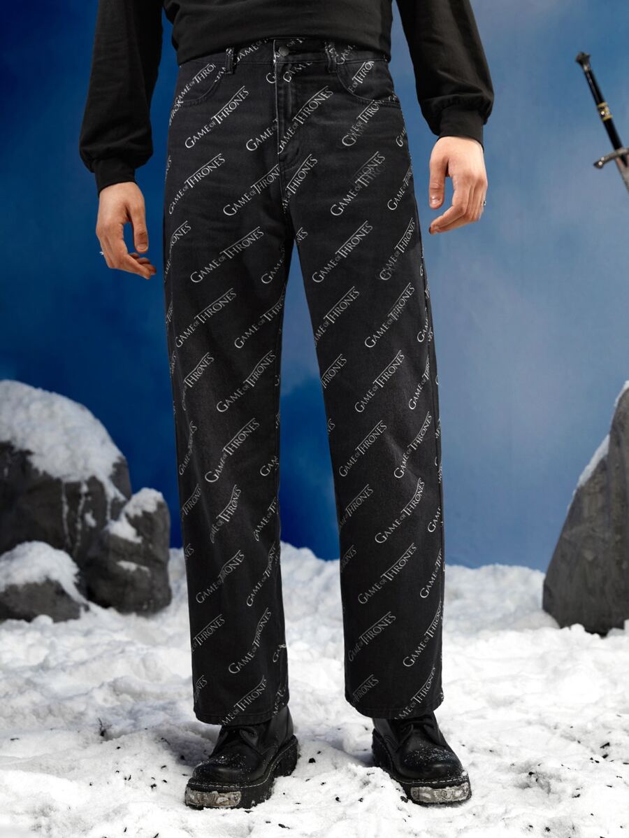 Game of Thrones X SHEIN Men Letter Graphic Straight Leg Jeans - Black - View 1