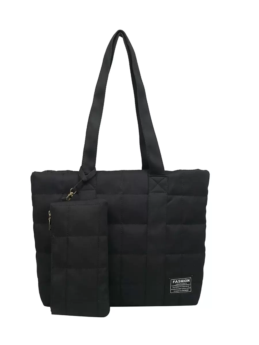 Quilted Letter Patch Decor Shoulder Tote Bag With Coin PurseLightweight