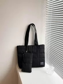 2025 Autumn/Winter Fashion Rhombus Pattern Cotton Tote Bag, Large Capacity Commuter & Shopping Bag, Suitable For College Students - Black - View 5