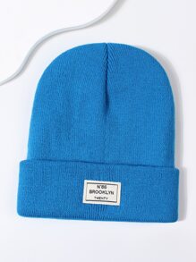 Letter Label Decor Beanie - Teal Blue - View 1