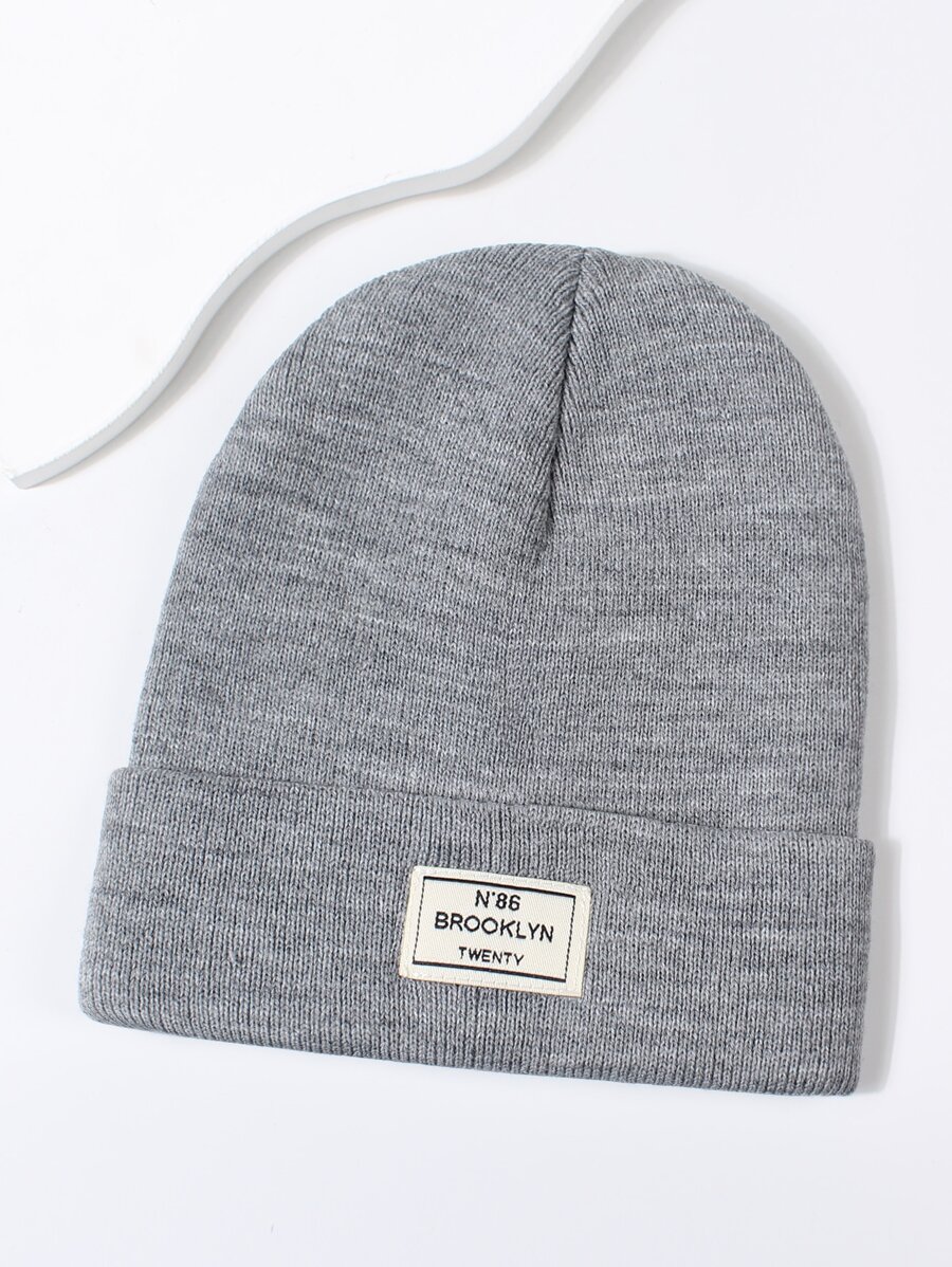 字母標籤細節翻邊豆豆帽 - 灰色 - 查看 1