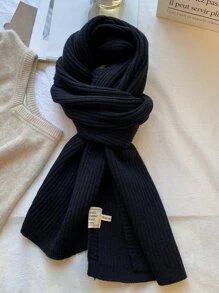 1入組女士素色針織長款圍巾,適用於日常穿著在秋天和冬天 - 黑色 - 查看 2