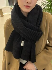 1入組女士素色針織長款圍巾,適用於日常穿著在秋天和冬天 - 黑色 - 查看 3