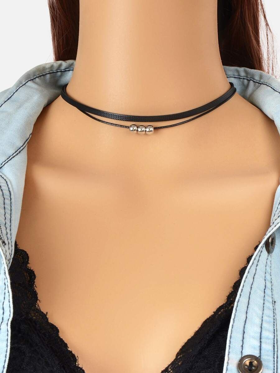 珠子裝飾頸鏈 - 黑色 - 查看 1