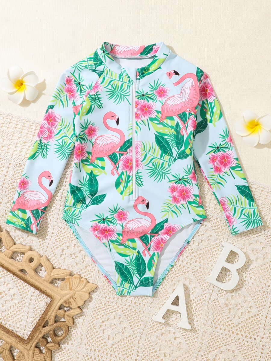 SHEIN Áo tắm một mảnh dài tay Flamingo Holiday dễ thương chống nắng cho mùa hè cho bé gái - Nhiều màu - Xem 1
