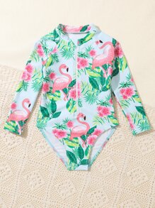 SHEIN Áo tắm một mảnh dài tay Flamingo Holiday dễ thương chống nắng cho mùa hè cho bé gái - Nhiều màu - Xem 3