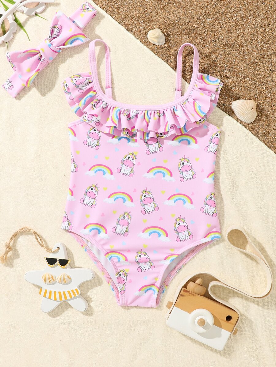 Baby Ruffle Trim Unicorn Print One Piece Swimsuit & Headband - Pink - View 1