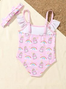 Baby Ruffle Trim Unicorn Print One Piece Swimsuit & Headband - Pink - View 2