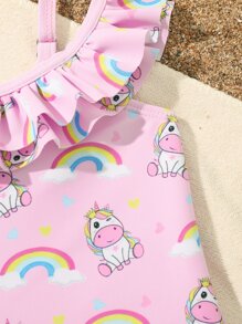 Baby Ruffle Trim Unicorn Print One Piece Swimsuit & Headband - Pink - View 3