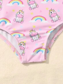 Baby Ruffle Trim Unicorn Print One Piece Swimsuit & Headband - Pink - View 4