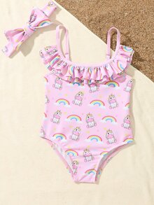 Baby Ruffle Trim Unicorn Print One Piece Swimsuit & Headband - Pink - View 5