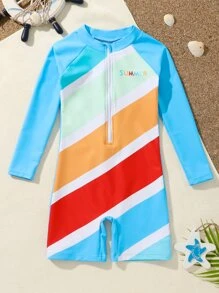 Toddler Boys Color Block Zip Front One Piece Swimsuit - Multicolor - View 1