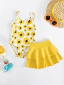 少女向向日葵印花單件泳衣,附海灘裙 - 黃色 - 查看 1