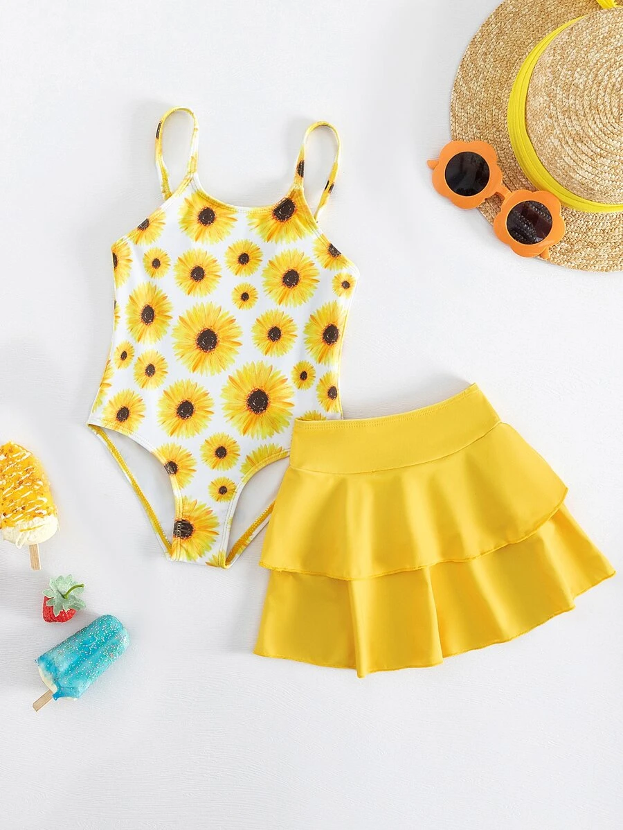 少女向向日葵印花單件泳衣,附海灘裙 - 黃色 - 查看 1
