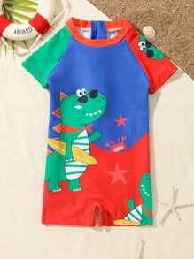 Baby Dinosaur Print One Piece Swimsuit - Multicolor - View 1