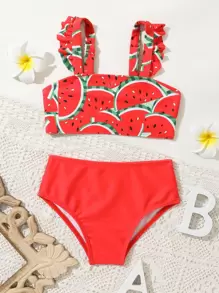 女婴西瓜印花荷叶边沙滩装夏季海滩装